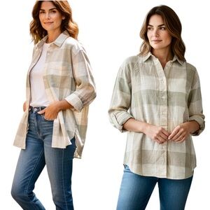 Lemon Grass Beige Plaid Long Sleeve Button Up Shirt